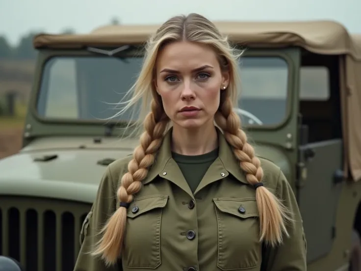  Blonde woman in a quarry ,  in an army combat suit in front of a jeep.  The makeup is perfect .  The medium-length braided hair . Subtle earrings .  The look a bit strict . Die Frau ist komplett zu sehen. Von Kopf bis Füsse