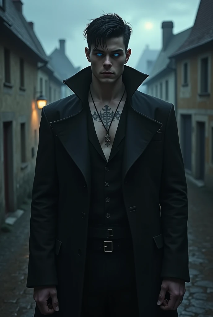 Tall strong young vampire man wearing black clothes 18-30 years old with a tattoo on his neck, short black hair, extremely blue eyes half dark in a dark village in France 