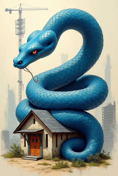 blue New Years snake wrapping around the house against the background of the construction of the future in a draft version