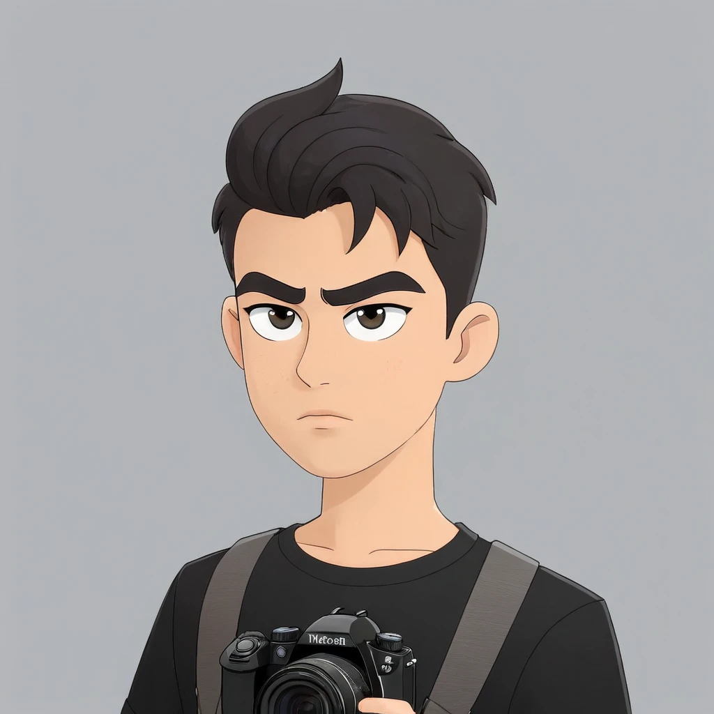 A boy, 23 years old, oval face, French crop, A fierce, firm, handsome face, depicting a black shirt, holding a camera, plain gray background, handsome, Strong,