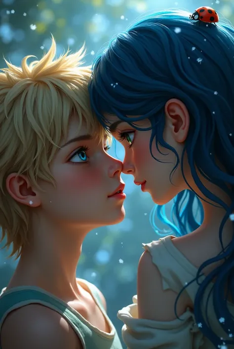 Ladybug with  blue eyes  and  blue dark  hair sexy with boy with blond hair and green eyes 