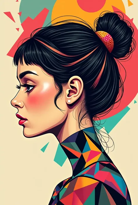 Easy drawing of face profile of young woman in profile with very colorful hair and geometric shapes in face and background