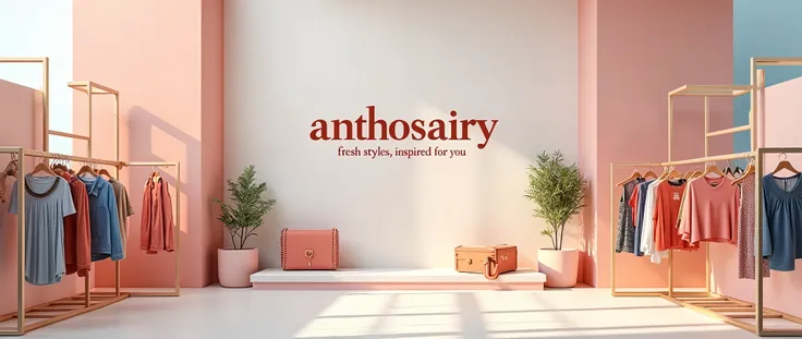 A modern and stylish shop image for AnthosAiry, targeting young customers on a Korean online shopping platform. The design should feature a clean, minimalistic cityscape background with a trendy, urban vibe. Include stylish clothing and accessories display...