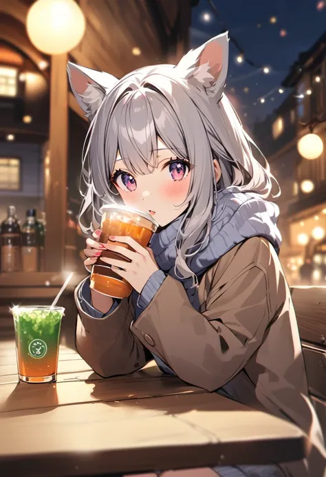 winter，Drink warm drinks，Dog ears girl，Gray Hair