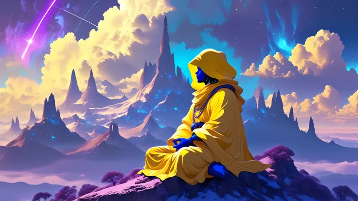 (close-up， best quality ,4K,8k, High resolution,masterpiece:1.2),ultradetailed, Exotic and dreamy landscape , (Distant Planetary Sky, A blue beastman wearing an old and shabby yellow Jedi costume , blue and purple clothes underneath his yellow cloak and ho...