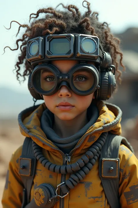  headset Create a post-apocalypse style character with curly hair around the neck, eyeglasses with a shell 