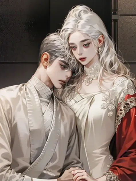 (extreamly delicate and beautiful:1.2), 8K, (tmasterpiece, best:1.0), Two male, One female, Upper body body, black-haired, silver hair, red dark hair, love triangle, 2 male 1 female - love triangle