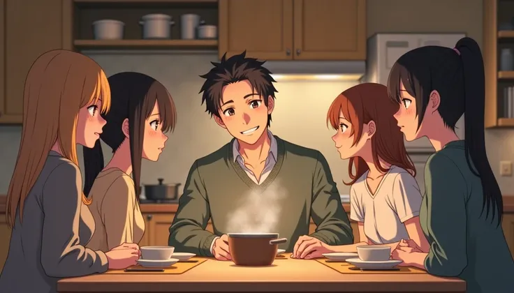 ((A man and  4 lady)) talking at the dinner table，Behind is the kitchen， ((anime style for visual novels))