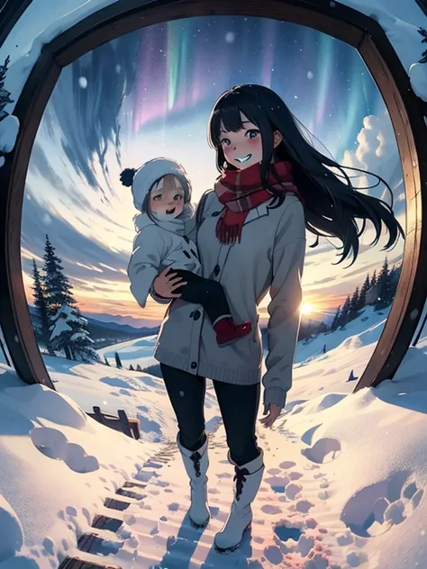 masterpiece， best quality，High image quality，( super flat， Flat Shading )， fisheye lens，Beautiful petite trained young mother and her very cute little trained daughter:1.25，  warm scarf，(naked)，Long Hair，  boots，smile, smile，White Breath:1.2，fun, play, win...