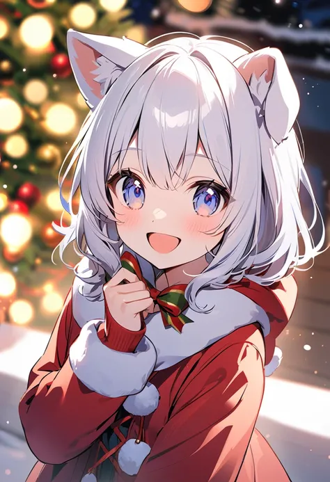 winter，smile，Dog ears girl，White Hair，   Christmas， Santa Claus 