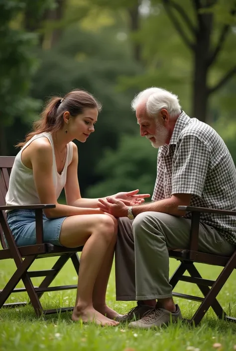 An 18-year-old teenage girl sits in the garden and an old man sits at her feet. She is sitting on a chair with pride and growing up to him while he asks her at her feet. She orders him to lick her feet and let her laugh at him. She listens to him while he ...