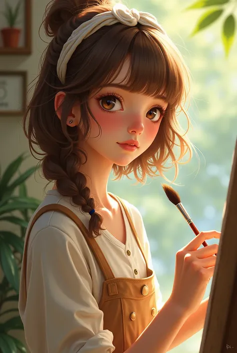 Girl with slightly Venetian brown hair and identical eyes likes to paint 