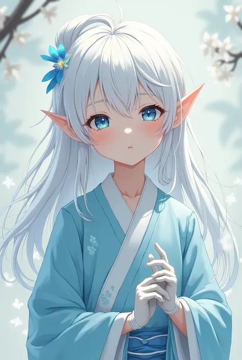 Anime pre teen Asian boy with Long Flowing White Hair, and Blue Eyes, Wearing a Light Blue Traditional Japanese Long-Sleeved Robe, With Flower Patterns on it, And White Cotton Long Gloves