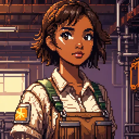 young woman,  with short, dark brown hair ,  brown skin,  with penetrating eyes full of determination. She wears worn-out work clothes ,  with a makeshift tool belt . pixelart style 8-bit ,  ambience and warm tones. Completely solid color background
