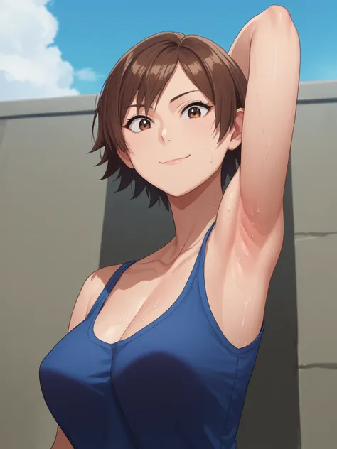 score_9, score_8_up, score_7_up, source_anime, anime screencap, 1girl, solo, Asuka kazama, short hair, brown hair, brown eyes, shirt, collarbone, blue shirt, large breasts, arm behind head, armpit, armpit focus, from side, (from below:1.1), looking at view...