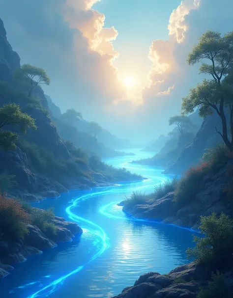 (magical pretty ciel blue stream overlay scene), (ciel), (nuages), éclairage doux, fond clair, beautiful ciel scenery, chef-dœuvre, haute qualité, magnifiques graphismes, Détail élevé,peint par Thomas Kincaid, artstation, concentration aiguë, fond d&#39;éc...