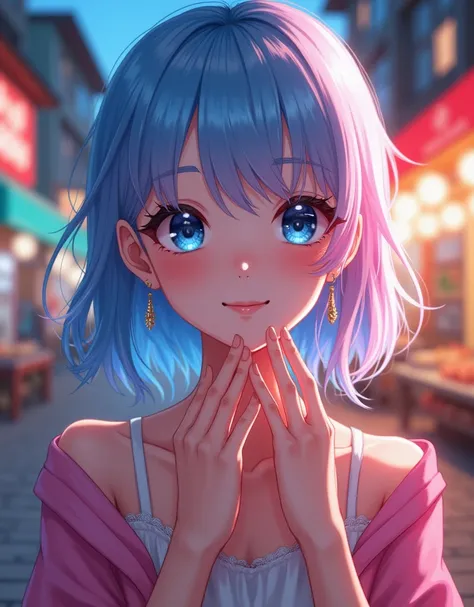 ( masterpiece), ((( better quality)), (super detailed ), 1 fille, (iridescent hair ,  colored hair ,  half-blue half-pink hair: 1.2), 17 ans, (Yukata: 1.2), outside, fringe,  smile, Sky blue eyes, mains parfaites, mains parfaites,  hand details , Corrected...