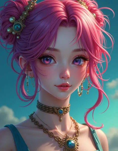 Close-up of a woman with coloré hair and necklace, fille danime aux cheveux cosmiques, vitalité douce de Rossdraws, oeuvre d&#39;art dans le style Guvez, Style artistique fantastique, coloré], vibrant fantasy style, Rossdraws cartoon plein de vitalité, uni...