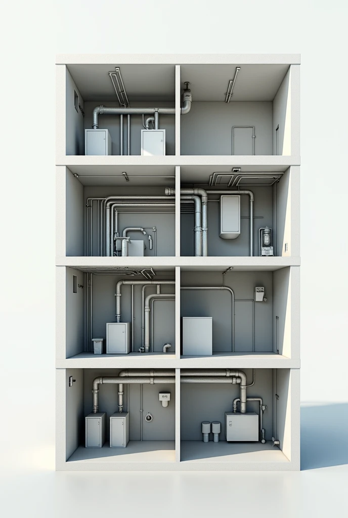  Create a 4-story apartment that is as if divided in half and that shows the interior.  on each floor where there are sanitary facilities with their sewage pipes , and white and ventilation pipes 