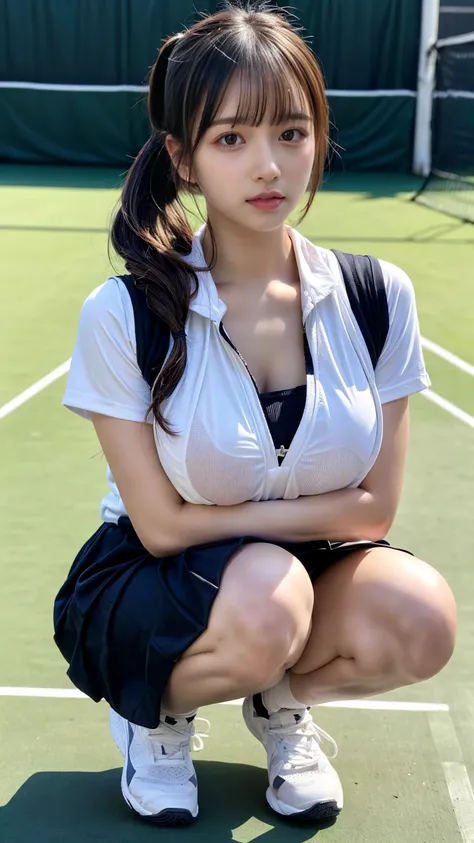 masterpiece, best quality, illustration, Super detailed, fine details, High resolution, 8K,wall paper, perfect dynamic composition,(Squatting:1.3), 18 year old girl, tennis player, Gravure Idol, cute type, (Details High quality, realistic depiction of eyes...