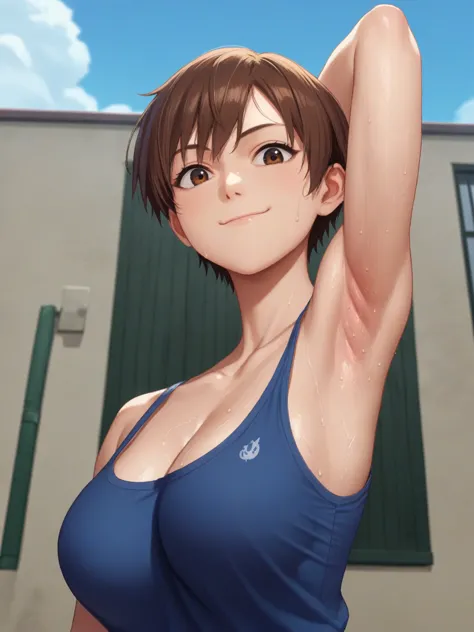 score_9, score_8_up, score_7_up, source_anime, anime screencap, 1girl, solo, Asuka kazama, short hair, brown hair, brown eyes, shirt, collarbone, blue shirt, large breasts, arm behind head, armpit, armpit focus, from side, (from below:1.1), looking at view...