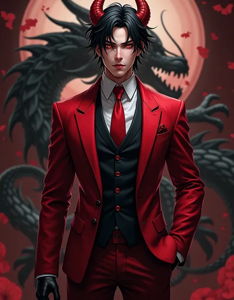 homme d&#39;anime en costume et cravate avec un dragon en arrière-plan, Costume inspiré du dragon, par Yang J, Fusion humain et dragon, beau démon japonais, bel homme dans lart de Demon Slayer,  portrait épique et chic , tendance sur ArtStation, par Oliver...