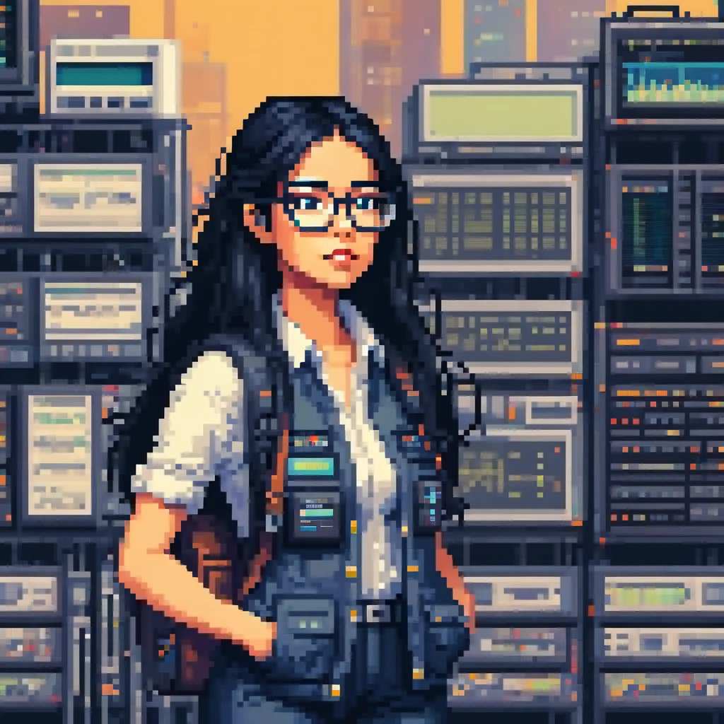 young woman,  with long black hair ,  with technology glasses and an air calculator . His clothes are practical ,  with pants and a vest full of pockets for electronic tools. pixelart style 8-bit ,  ambience and warm tones. 