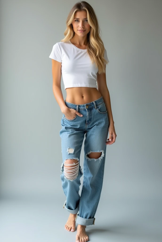 image of a confident woman standing in a neutral studio setting. She has long, wavy blonde hair and is wearing a simple white crop top that highlights her toned abs. Her outfit includes relaxed-fit, distressed denim jeans that are slightly oversized, with ...