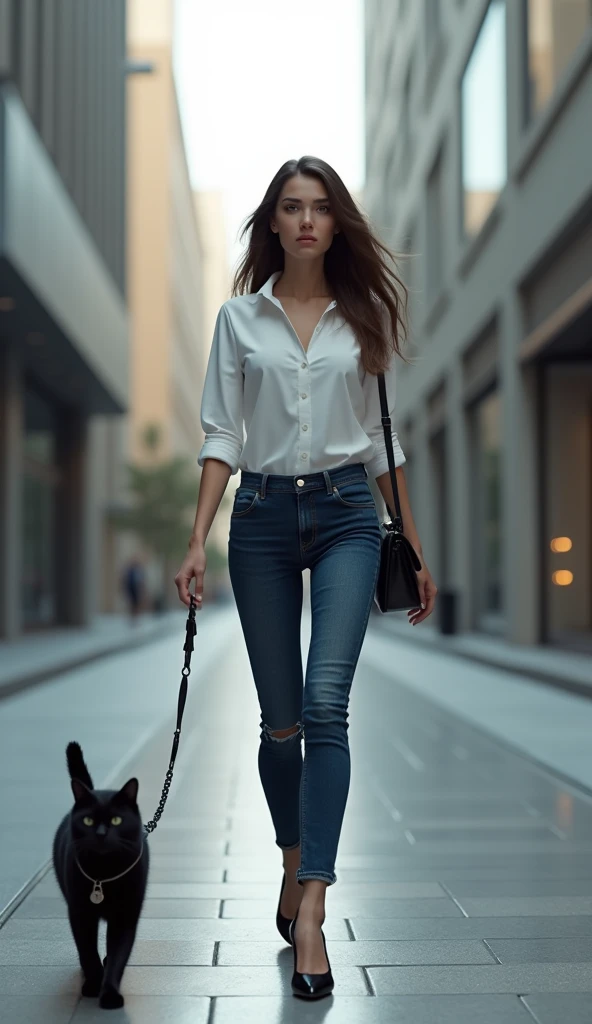 
"Create a hyper-realistic 3D image of a good-looking woman walking on an empty city street. She is wearing a white shirt tucked into denim blue jeans and stylish high heels. In one hand, she is holding a black leather purse, and in the other hand, she is ...