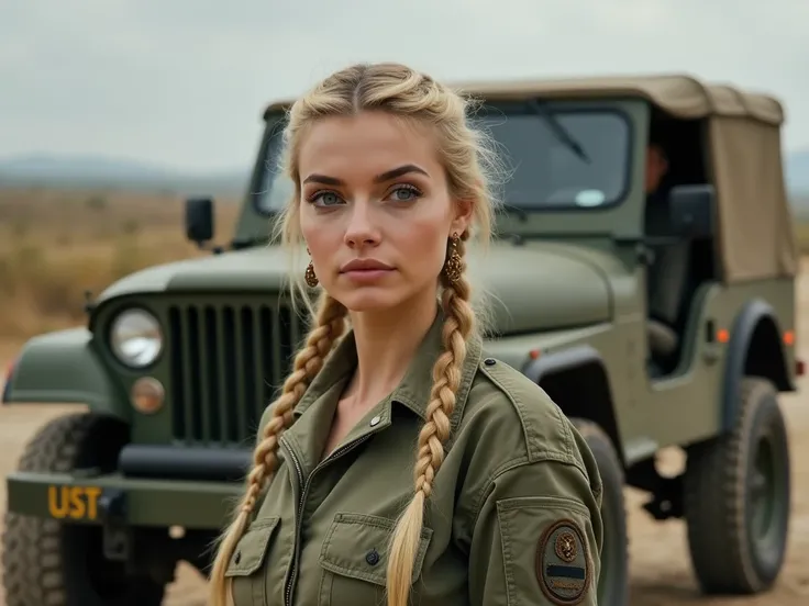  Blonde woman in a quarry ,  in an army combat suit with combat boots in front of a jeep.  The makeup is perfect .  The medium-length braided hair . Subtle earrings .  The look a bit strict . Die Frau ist komplett zu sehen. Von Kopf bis Füsse