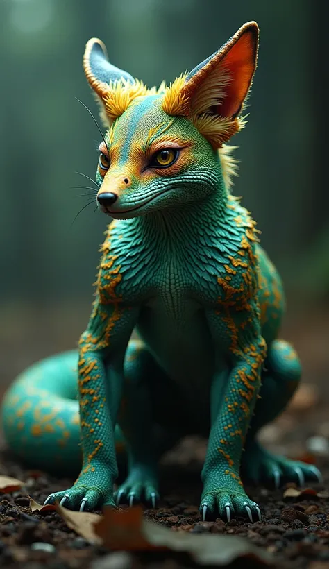 a highly detailed and hyperrealistic 8k image of a fusion between a fox and a chameleon, muscular, intimidating, masterpiece, ultra-detailed, realistic, photo-realistic, vivid colors, dramatic lighting, sharp focus, physically-based rendering, professional...