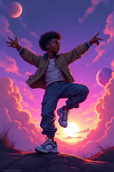 an image of african cartoon character in anime style wearing baggy trousers and chunky sneakers. early twenties. standing in the horizon with a purple sunset and planets. anime text written "G3MINI MODE" in the background. Spiderman action pose