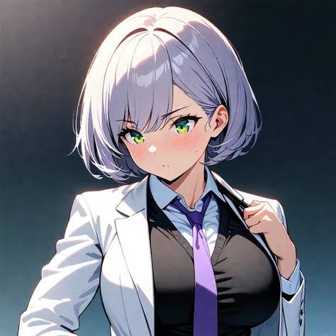 Female  ,curvy , Athletic body, abs , tall,  4k, , black vest, white suit shirt , violet tie, short hair ,black short vest,  front view  , open vest,  médium  body , green eyes, adjusting her tie