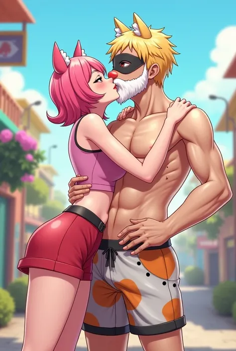  Two characters him kissing her,  feminine and a feminine Game Free Fire style,  with pink hair with little ears , clown nose,  short pink blouse ,  half red shorts , masculine"  half-blond hair with ears , Mask, Old Mans Beard White ,  chest with nothing ...