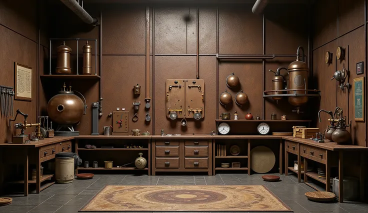 Create a steam-punk themed room with a rusty iron wall and some bronze machinery