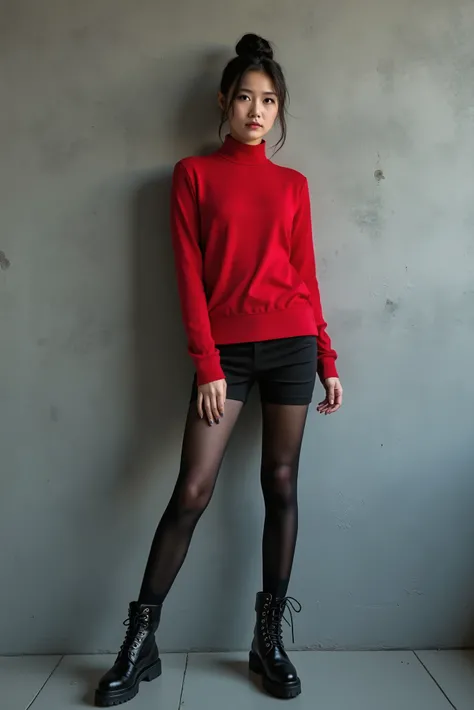 30 years old hong kong woman at grey texture wall with red turtle neck shirt, black tight up hair, entire body photo, modelling photo, black stocking, leather boots, realistic photo,   