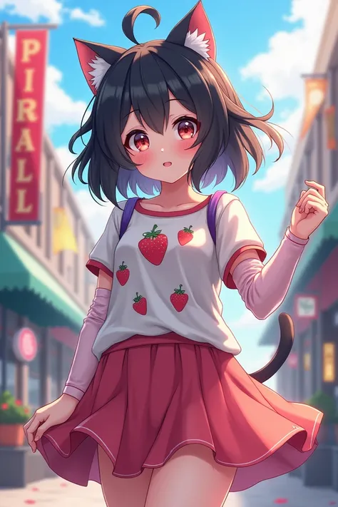  female anime character ,  messy black hair, strawberry design shirt, arm warmers, tiny skirt, White cat ears