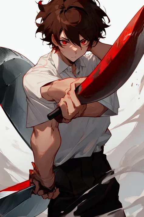 Make a male character, with short brown hair ,  with red eyes, a white shirt, and black pants, hes holding a big axe , in anime
