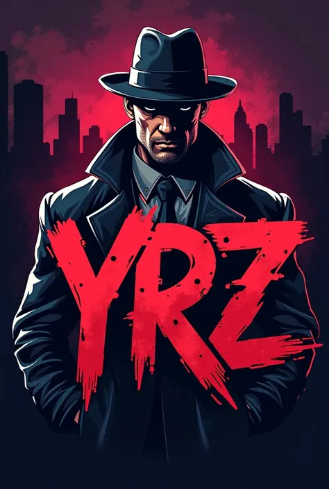 Create a gang-style logo that has the initials  "YRZ " and that the main colors of the logo are red and purple with a man in the back dressed in a gangster style
