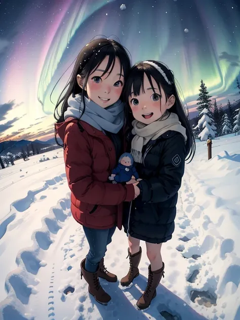 masterpiece， best quality，High image quality，( super flat， Flat Shading )， fisheye lens，Beautiful petite trained young mother and her very cute little trained daughter:1.25，  warm scarf，(naked)，Long Hair，  boots，smile, smile，White Breath:1.2，fun, play, win...