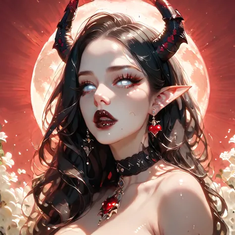 ((masterpiece)), ((highres)), ((red full moon background), beautifully detailed succubus female, long black hair, pale skin almo...