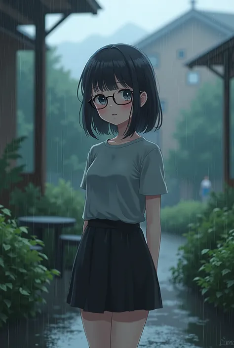  girl
Feminine
ANIME
1 , 46 tall
s
spectacles
cute
fair skin
dark hair
gray blouse
black skirt
Scenario: Garden of a , school, winter, rainy and cloudy day 