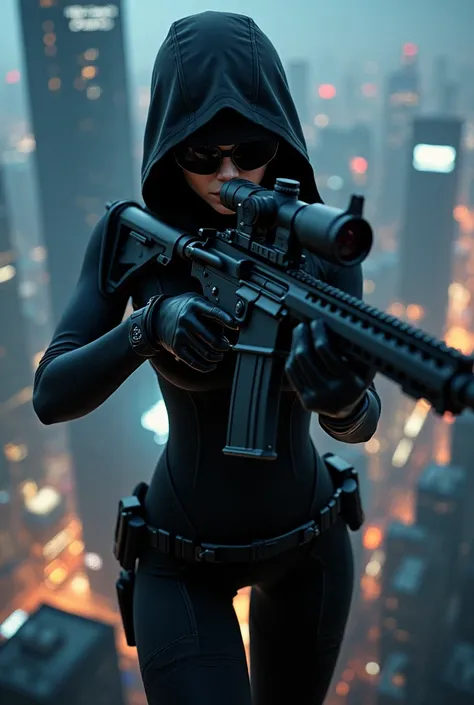 A lady hitman is aiming a building
