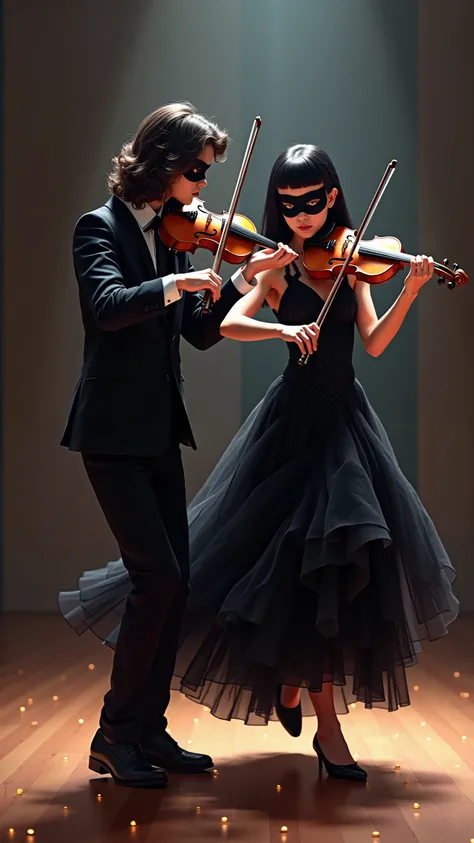 Вот здесь так было, практически получилось: futuristic illustration, very young violinists on stage, ((young)) guy with violin, with long wavy hair to shoulders, black half mask on eyes in concert costume and beautiful ((young)) girl with black straight ha...