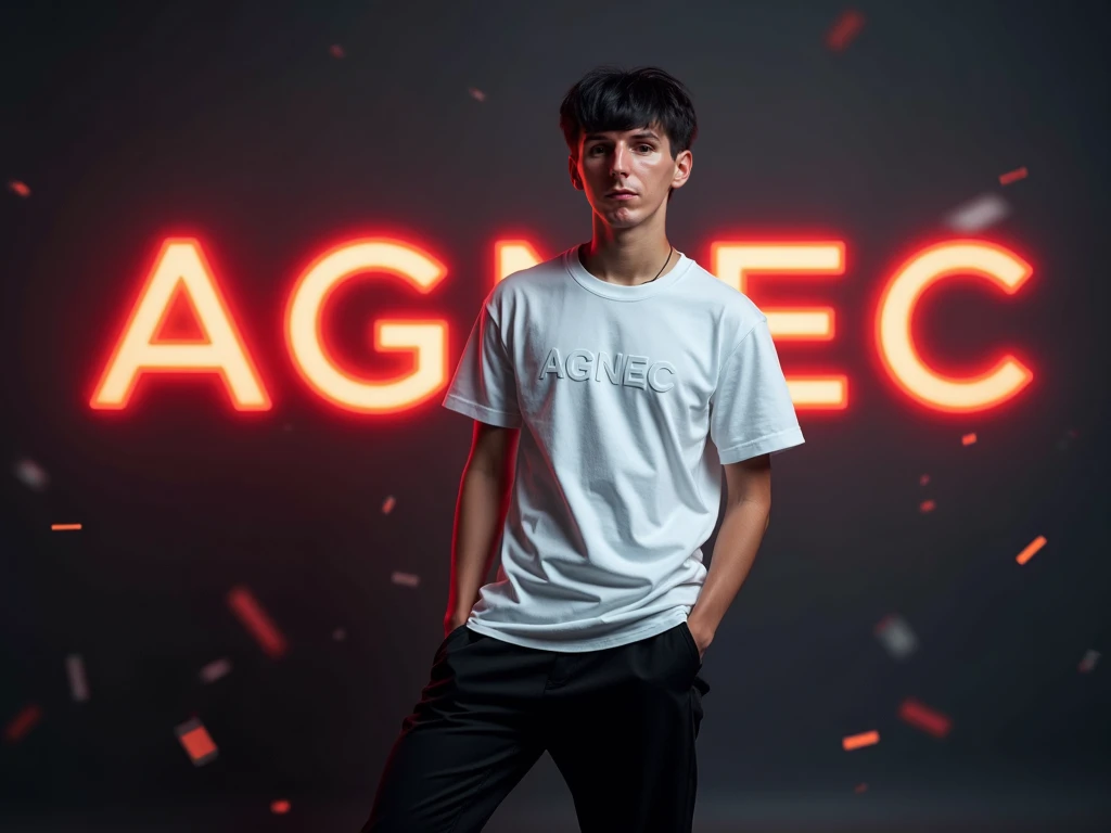 Create a trendy ,  a bright image of a young guy , dark short hair,  The guy has a white t-shirt with AGNEC . He is a clothing designer ,  black wide designer pants ,    the background is dark to make the colors more vivid and emphasize their energetic and...