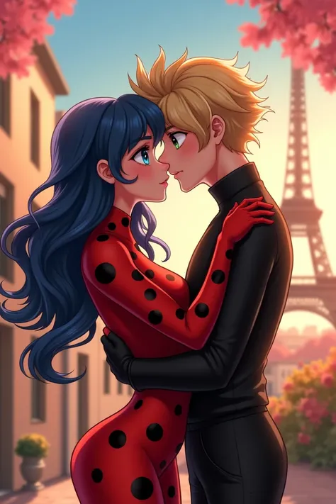 Ladybug with blue eyes and blue dark hair french kiss with catnoir a boy with green eyes and blond hair 