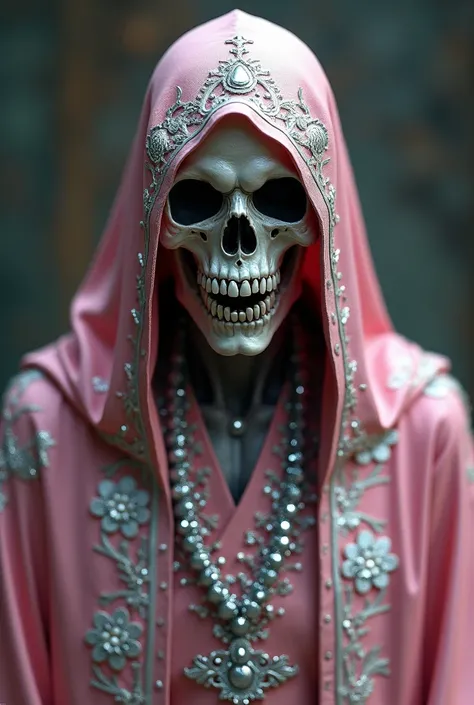 masterpiece, realism, 8k, cinematographic quality, skull with silver teeth, evil face expression, wearing oriental pink cloak with detailed silver embroidery, beautiful designed cloak, scary, divine silver jewelry, strong silver cloak details 