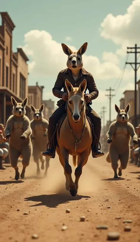 The kangaroo sheriff quickly mounts his horse, his face set in a serious expression. He gallops down the main street, his powerful build evident as he rides with purpose. Townsfolk emerge from their homes, watching with hopeful eyes as he charges forward. ...