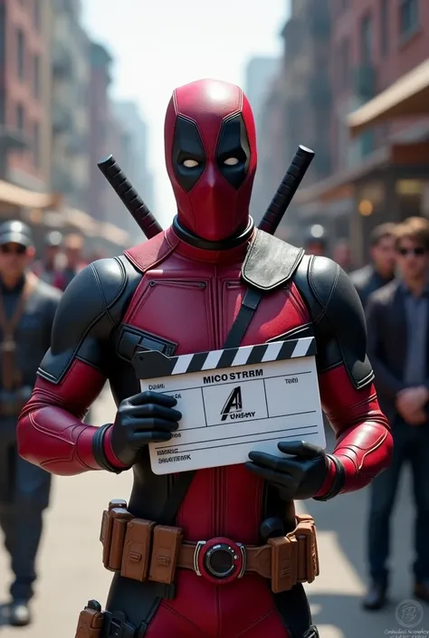 Deadpool using a clap board of the film avengers end game inside the movie set