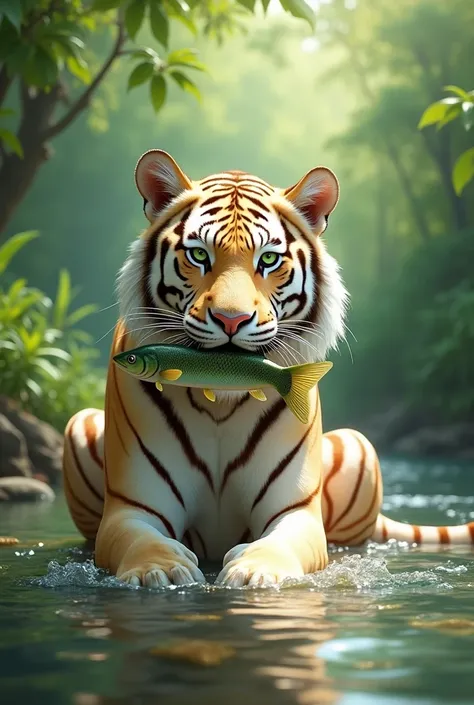 Cat cream-colored tiger with green eyes sitting in a stream, a fish in his mouth